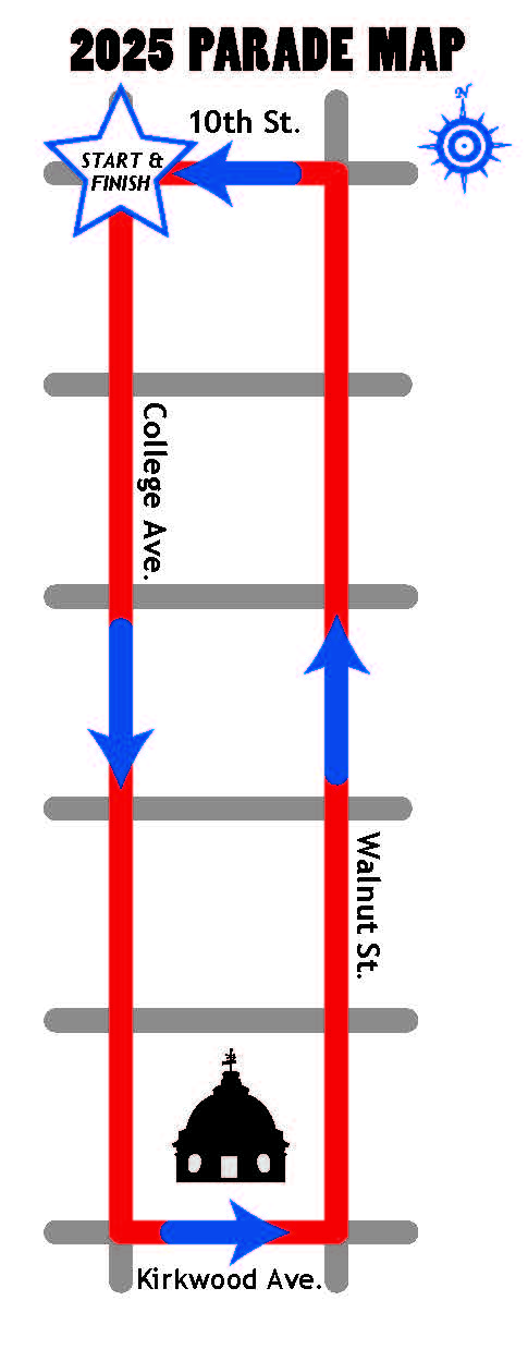 2025 4th of July Parade Map showing parade route which runs along College Avenue and Walnut Street between Kirkwood Avenue and 10th Street