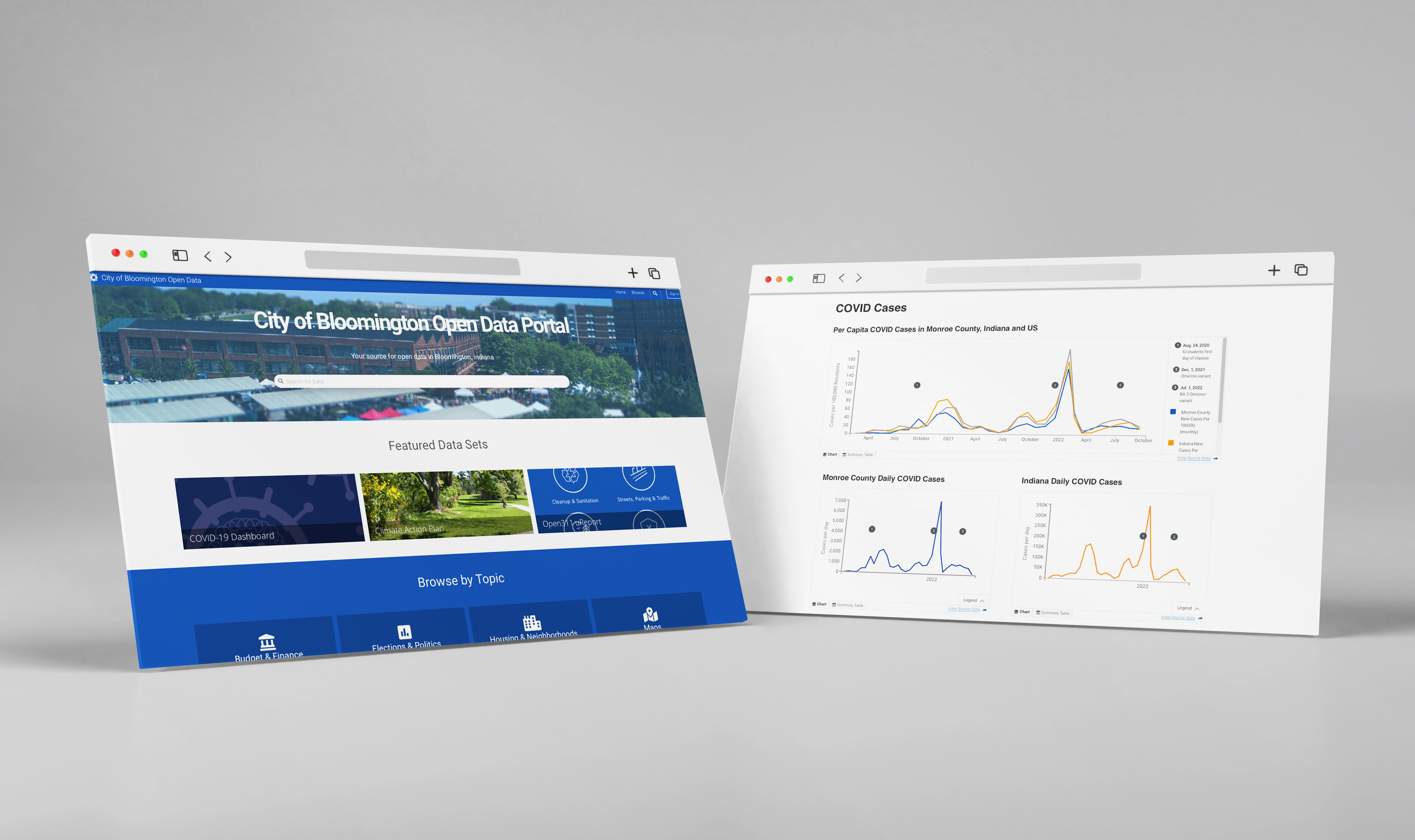 A mockup of the Open Data Portal website and COVID dashboard placed on top of a light gray background. 