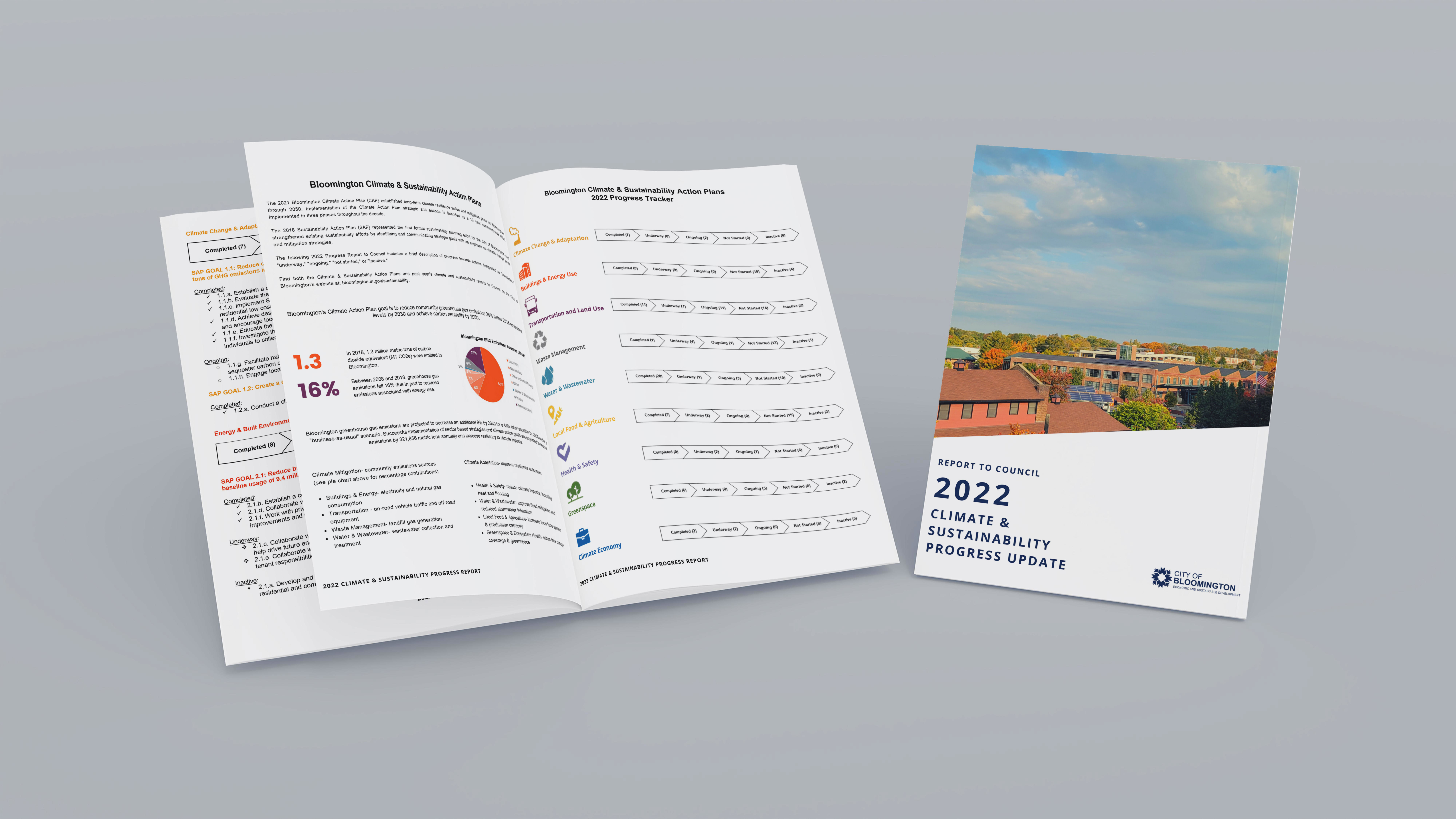 Climate action Plan Progress Report mockup on light gray background.