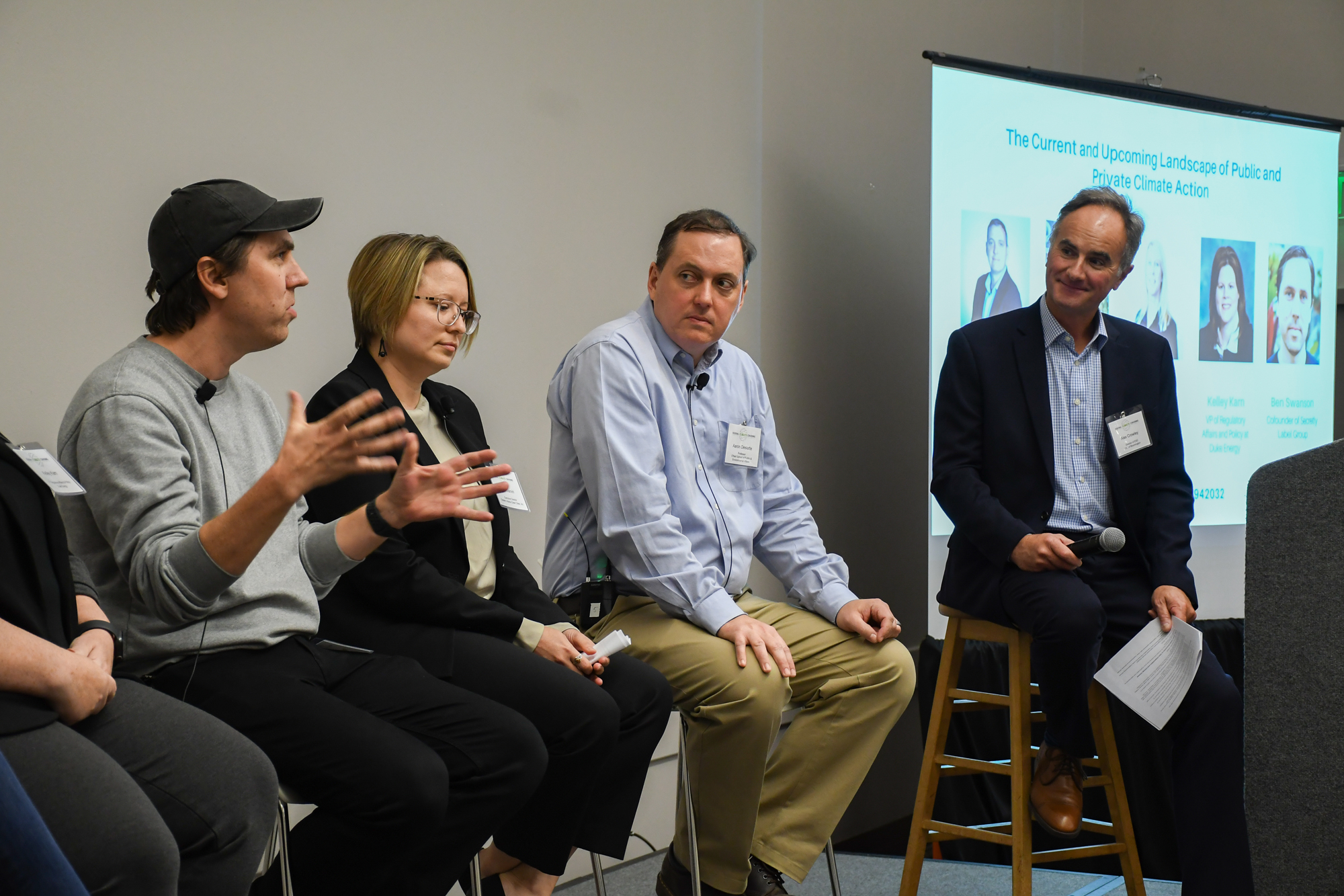 Panelists Ben Swanson, Kerri Garvin, Dr. Aaron Deslatte, and moderator Alex Crowley discuss the current and upcoming landscape of public and private climate action