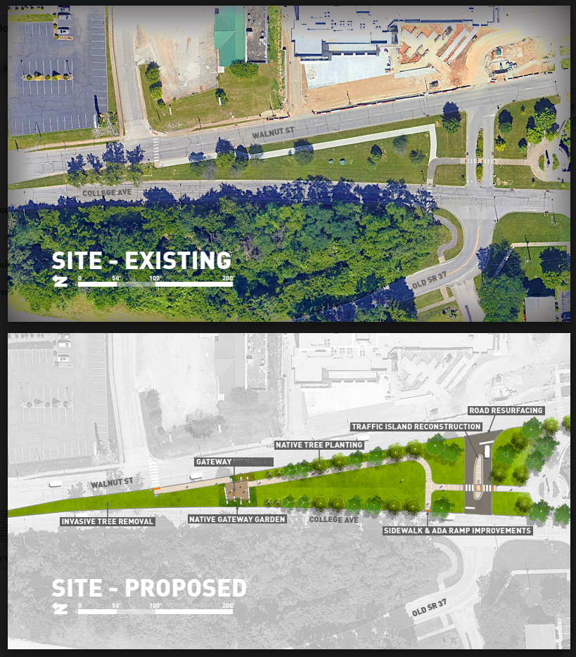 Aerial view of the north end of Miller-Showers Park, and a rendering of the selected gateway location.