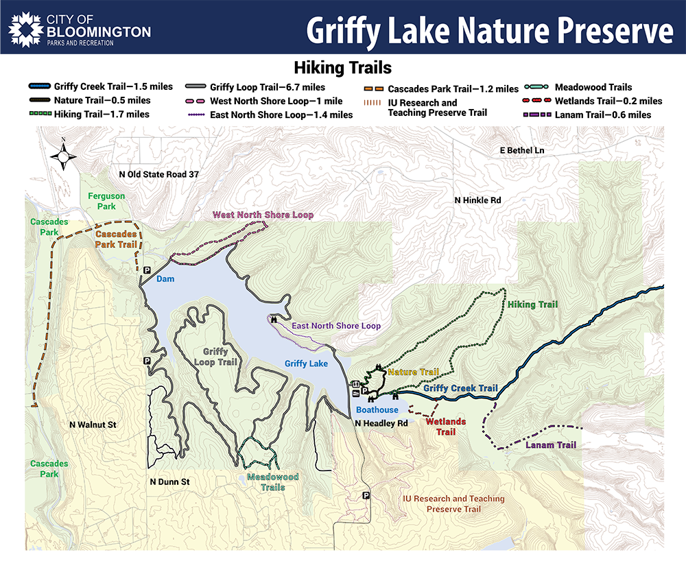 Map of the hiking trails at Griffy Lake Nature Preserve