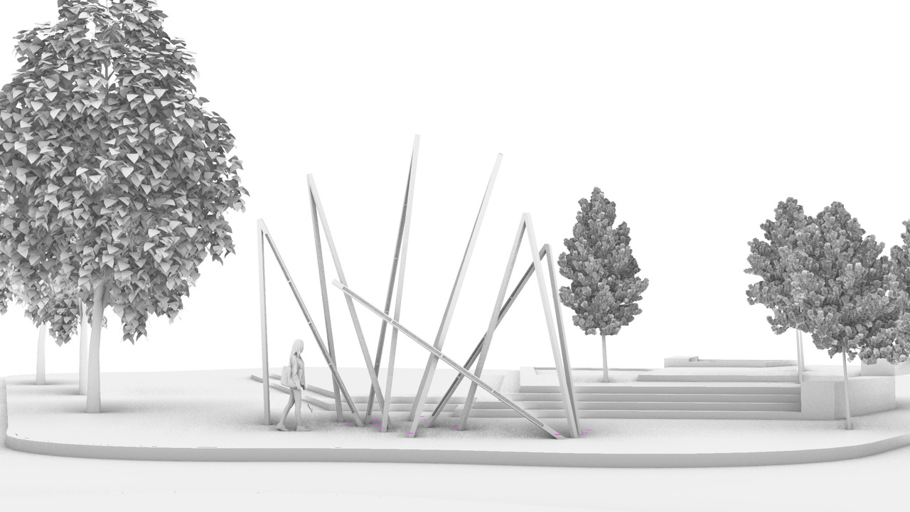 Rending of the site of new public art installation that is made up of colorful steel beams with trees