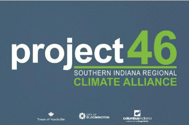 The words Project 46 Southern Indiana Regional Climate Alliance is written with the Town of Nashville, City of Bloomington, and City of Columbus written underneath in green and white lettering.