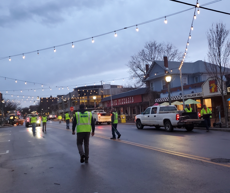 Public Works crews on Kirkwood installing bollards