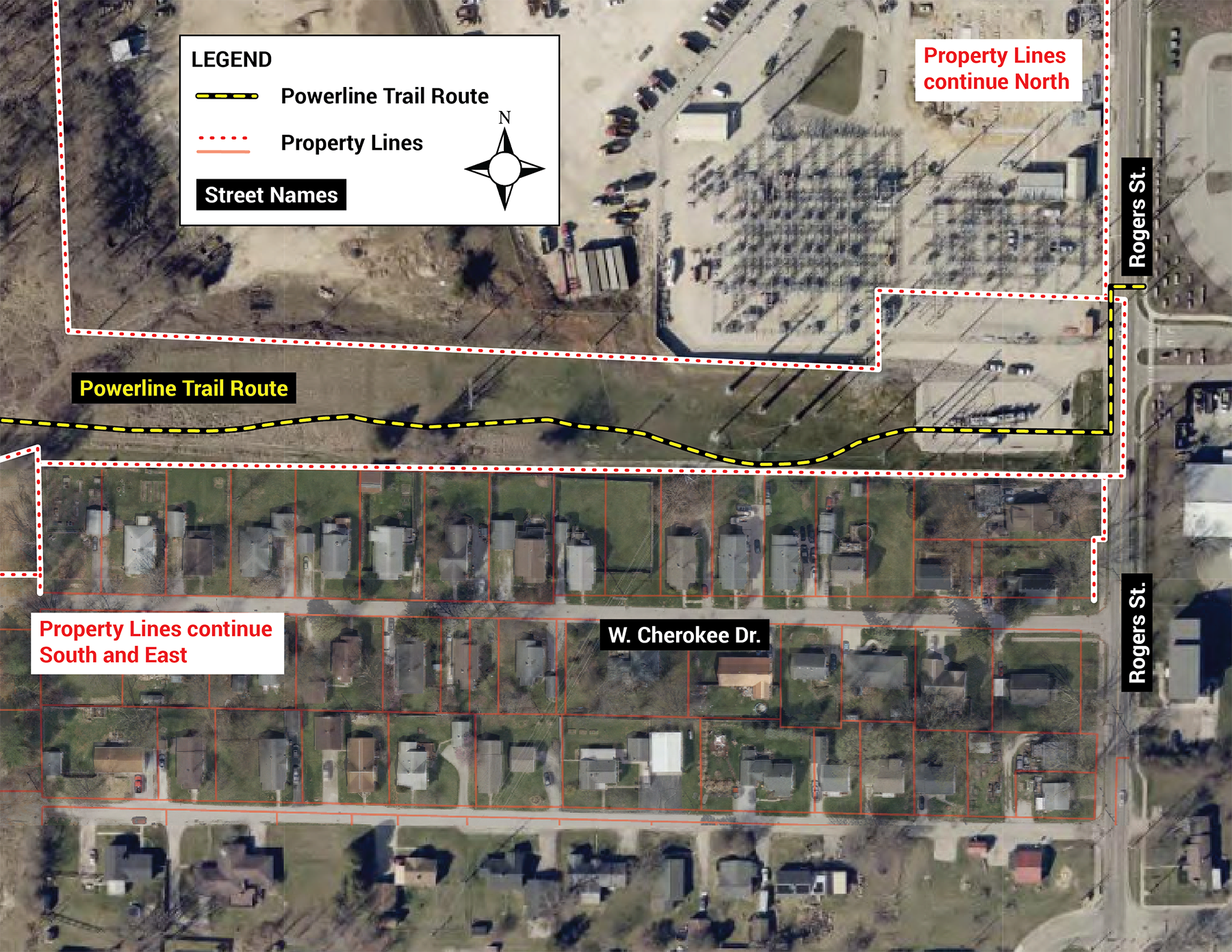 Map showing the planned route of the Powerline Trail connecting Switchyard Park, RCA Community Park, and the Osage Place neighborhood along a utility corridor west of South Rogers Street.