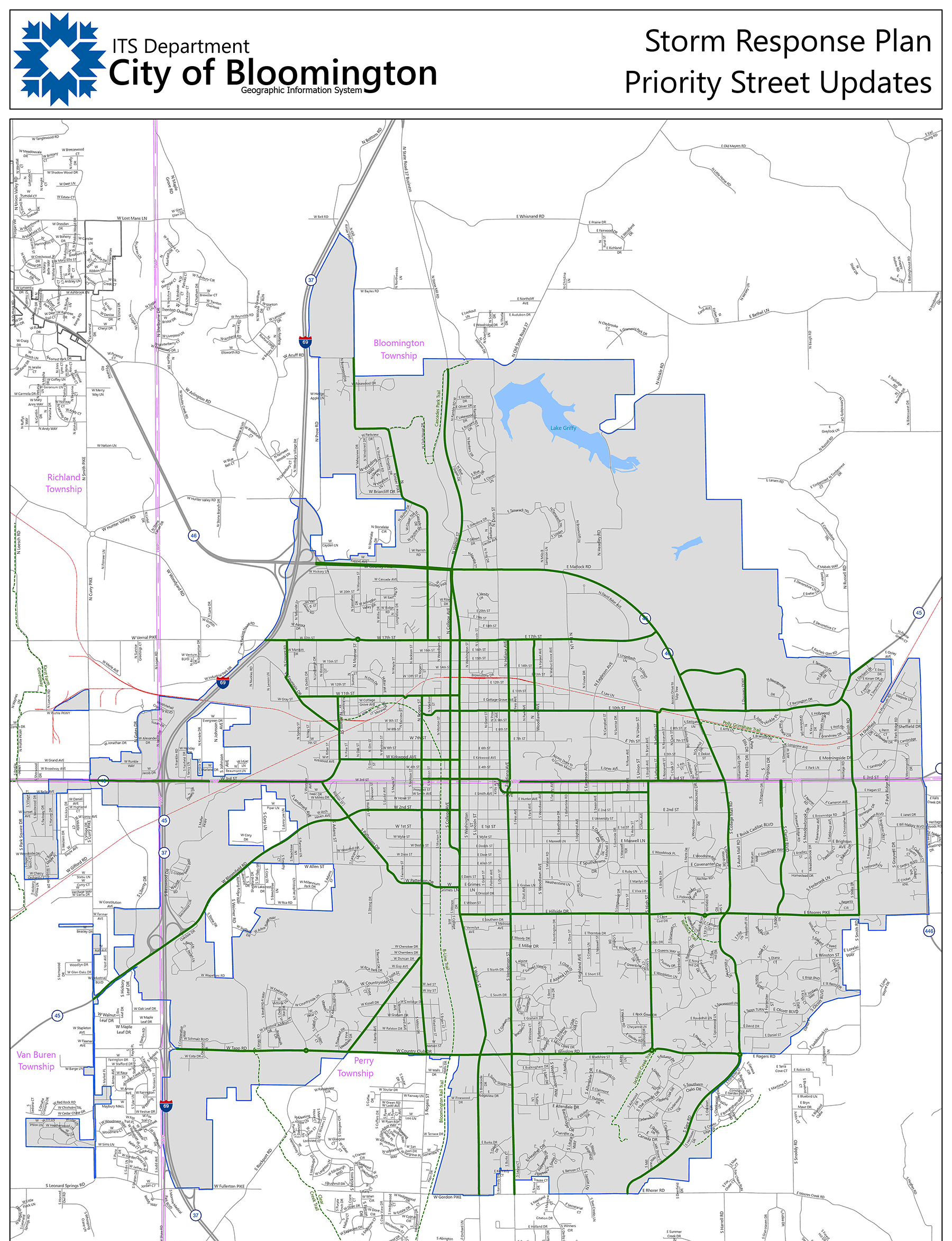 Map of priority streets in Bloomington, as identified by Parks and Recreation's storm response plan