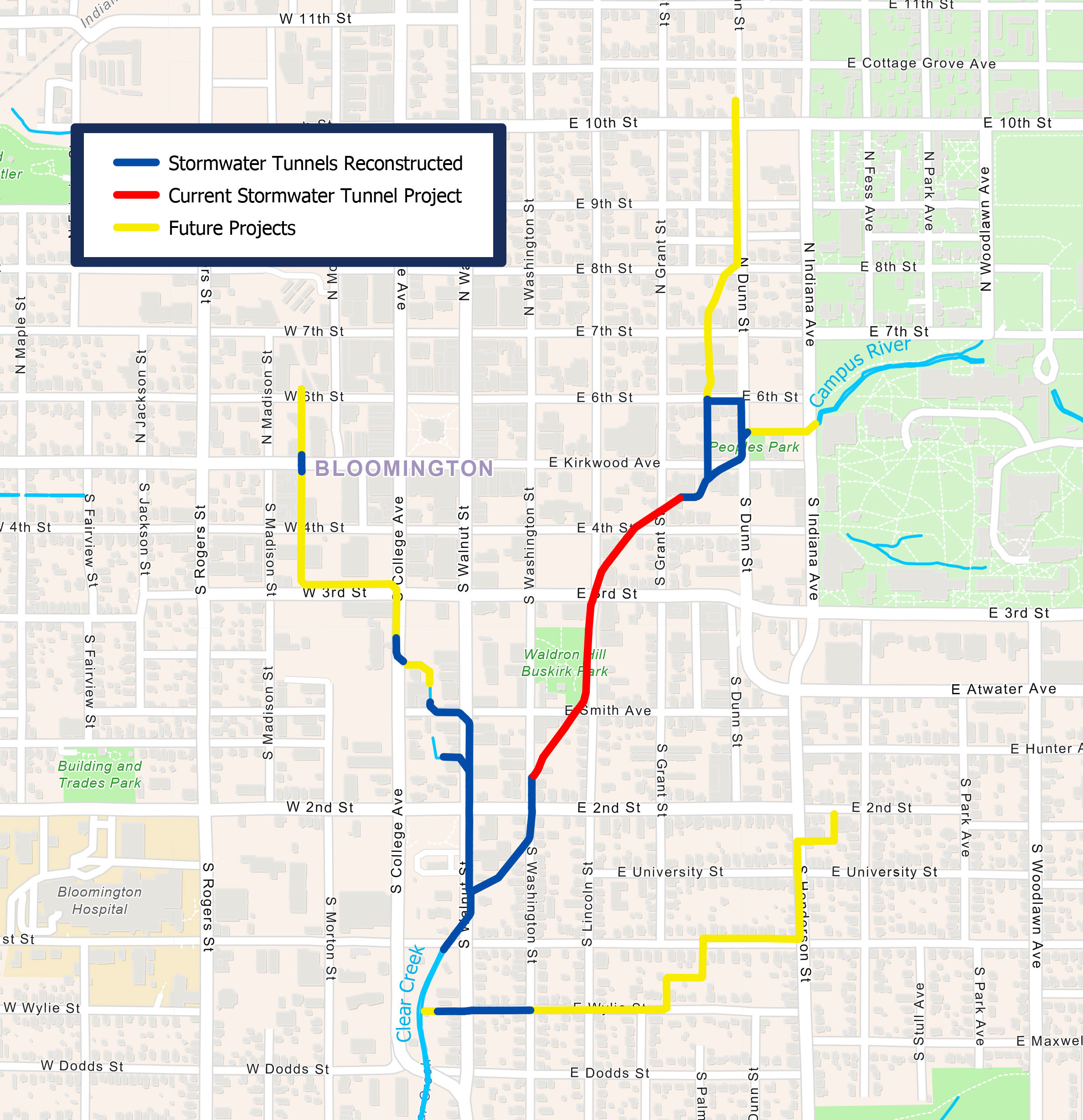 Map of downtown highlighting the Hidden River Project