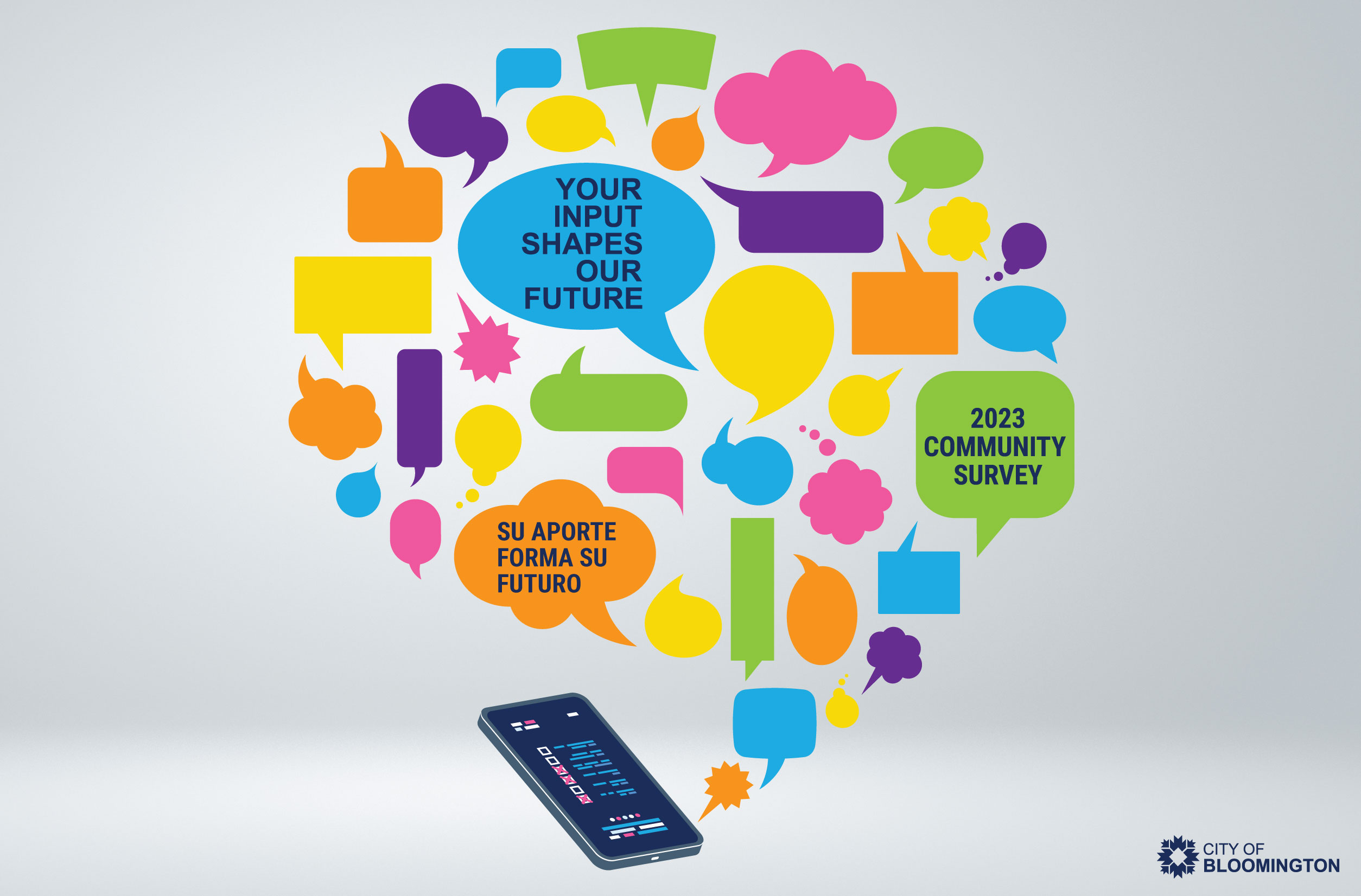 Speech bubbles in various bright colors hovering over graphic of smartphone on a gray background
