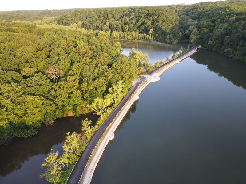 A drone view of the accessible fishing pier and causeway along Headley Rd.