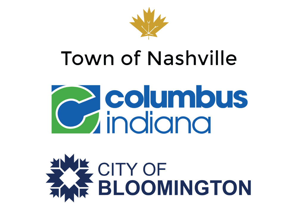 logos for Town of Nashville, City of Columbus and City of Bloomington