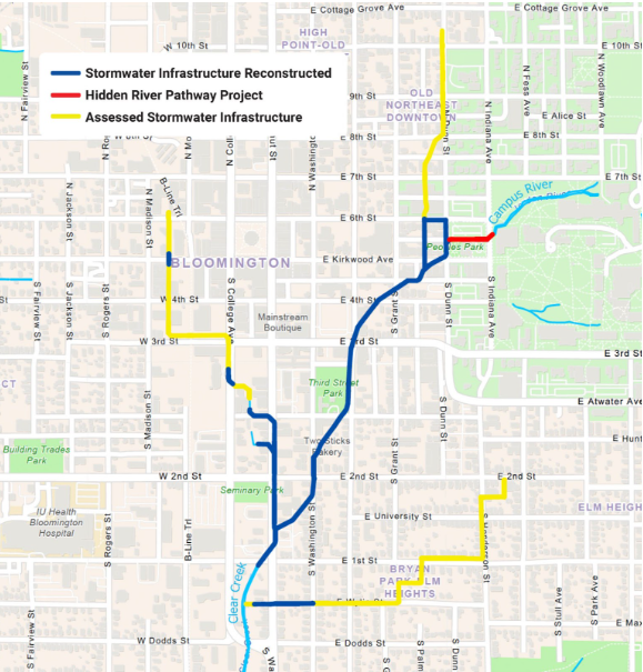 Map of the city of Bloomington. The Map has a blue line for the stormwater infrastructure reconstructed. A red line for the hidden river pathway project. A yellow line for the assessed stormwater infrastructure.