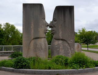 Red Blond Black and Olive sculpture in Miller Showers Park