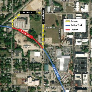 Map of detour around B-Line Trail closure at Fairview and North Rogers Streets, October 2023