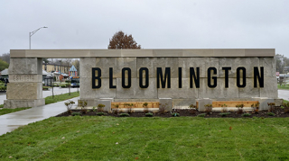 Bloomington's Bicentennial Gateway of limestone blocks and letters spelling "Bloomington"