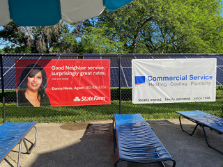 The Niese Agency State Farm and Commercial Service business banners at Bryan Park Pool, Summer 2025
