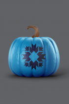 A bright blue pumpkin with a navy blue city of bloomington logo on a dark gray backdrop